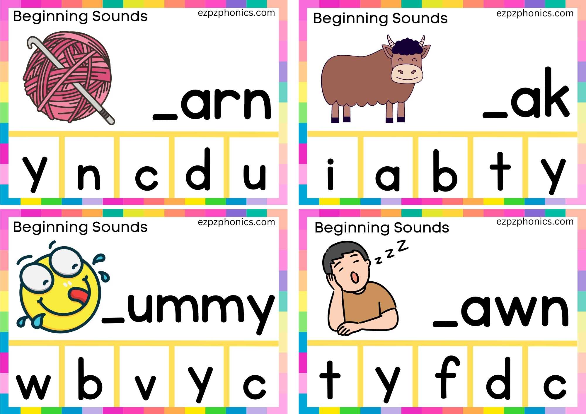 10 Y Beginning Sound Clip Cards